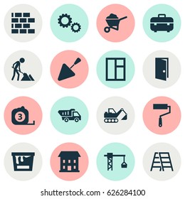 Building Icons Set. Collection Of Spatula, Truck, Lifting Hook And Other Elements. Also Includes Symbols Such As Toolbox, Paint, Door.