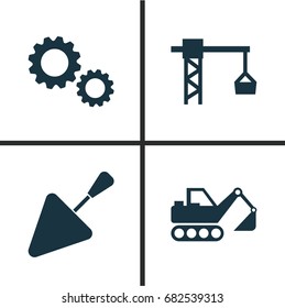 Building Icons Set. Collection Of Spatula, Digger, Cogwheel And Other Elements. Also Includes Symbols Such As Bricklayer, Digger, Cogwheel.