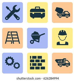 Building Icons Set. Collection Of Stair, Service, Equipment And Other Elements. Also Includes Symbols Such As Cement, Brick, Stair.