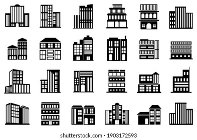 Building Icons Set. Collection Of Building Symbol Illustration Design. Apartment, Hotel, Hospital,  Skyscraper And More. Editable. Vector