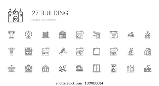 building icons set. Collection of building with toy, window, mall, field, cabins, fire station, castle, house, sculpture, store, lighthouse. Editable and scalable building icons.