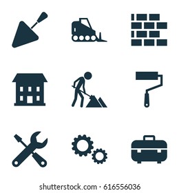 Building Icons Set. Collection Of Tractor, Cogwheel, Wall And Other Elements. Also Includes Symbols Such As Brickwork, Tractor, Brick.