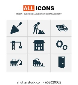 Building Icons Set. Collection Of Tractor, Cogwheel, Truck And Other Elements. Also Includes Symbols Such As Tipper, Cogwheel, Entrance.