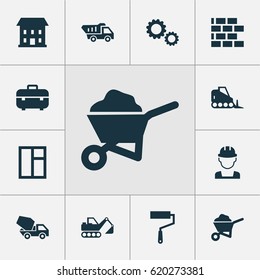 Building Icons Set. Collection Of Truck, Cement Vehicle, Carry Cart And Other Elements. Also Includes Symbols Such As Glass, Paint, Tractor.