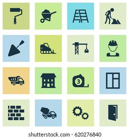 Building Icons Set. Collection Of Truck, Measure Tool, Glass Frame And Other Elements. Also Includes Symbols Such As Bricklayer, Crane, Works.