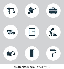 Building Icons Set. Collection Of Truck, Carry Cart, Glass Frame And Other Elements. Also Includes Symbols Such As Works, Tower, Wall.