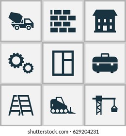 Building Icons Set. Collection Of Wall, Equipment, Tractor And Other Elements. Also Includes Symbols Such As House, Stair, Frame.