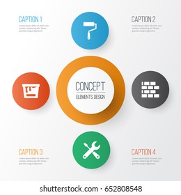 Building Icons Set. Collection Of Wall, Paint Bucket, Paint Roller And Other Elements. Also Includes Symbols Such As Bucket, Paint, Brickwork.