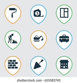 Building Icons Set. Collection Of Wall, Equipment, Paint Roller And Other Elements. Also Includes Symbols Such As Wall, Roller, Vehicle.