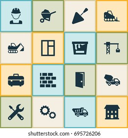 Building Icons Set. Collection Of Wall, Glass Frame, Cogwheel And Other Elements. Also Includes Symbols Such As Engineer, Wheelbarrow, Home.