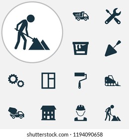 Building icons set with color can, tipper, wall painter and other service  elements. Isolated vector illustration building icons.