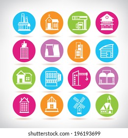 building icons set, building colorful button set