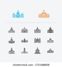 Building icons set. Congress and building icons with exterior, lowa state capitol and massachusetts state capitol. Set of architectural for web app logo UI design.