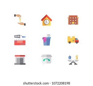 Building icons set. Deal and building icons with leased, cleaning service and move. Set of renovation for web app logo UI design.