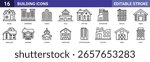 Building Icons Set Editable Stroke – House, Apartment, Condo, Villa, Cottage, Skyscraper, Duplex, Cabin, Bungalow, Mansion, Church, Warehouse, Office, Factory, Barn, Hotel Vector