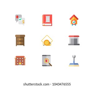 Building icons set. Garage and building icons with checking, furniture and residential area. Set of elements including plumbing for web app logo UI design.