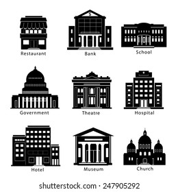 Building icons set: government, museum, theater, hospital, restaurant, hotel, church, school, bank  isolated. vector illustration