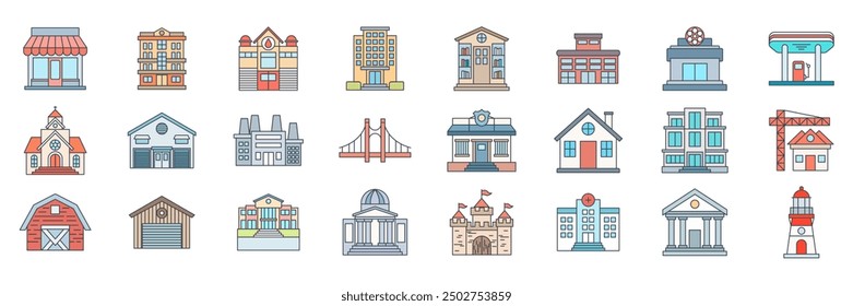 Building icons set, Included icons as Apartment, Mall, Warehouse, Lighthouse and more symbols collection, logo isolated vector illustration