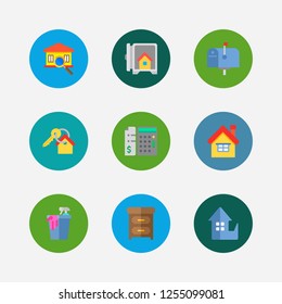 Building icons set. Key and building icons with cleaning service, inspection and price calculation. Set of decor for web app logo UI design.