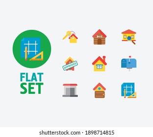 Building icons set. Key and building icons with home loan approved, garage and finances. Set of sale for web app logo UI design.