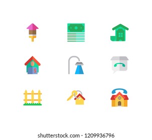 Building icons set. Key and building icons with shower, tenant and money. Set of talk for web app logo UI design.