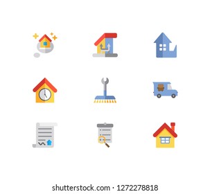 Building icons set. Leased and building icons with change of housing, home replace and search listing. Set of data for web app logo UI design.