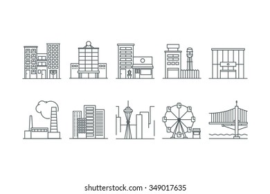 Building icons set. Line art. Stock vector.