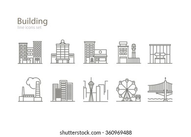 Building icons set. Line art. Stock vector.