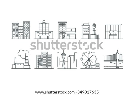 Building icons set. Line art. Stock vector.