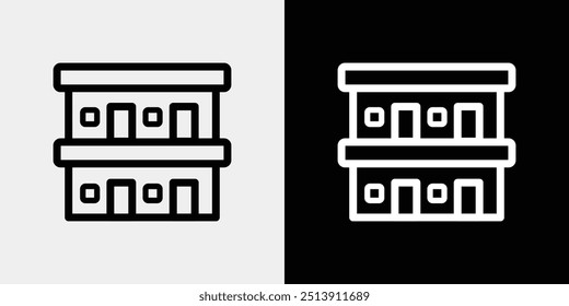 Building icons set in line black flat house, office, bank, school, hotel, shop, university, city, real estate, hospital symbols.