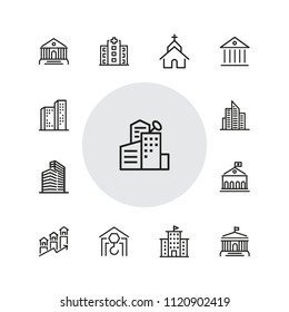 Building icons. Set of  line icons. Church, museum, bank. Architecture concept. Vector illustration can be used for topics city, public estate.