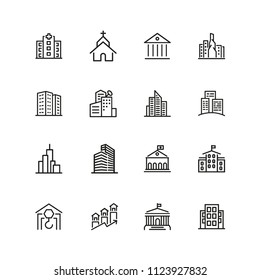 Building icons. Set of  line icons. Church, museum, bank. Architecture concept. Vector illustration can be used for topics city, public estate.