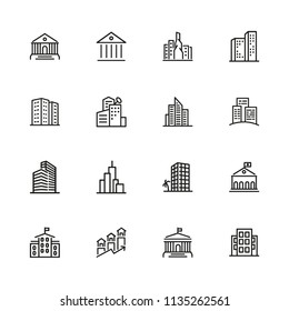 Building icons. Set of line icons. Church, museum, bank. Architecture concept. Vector illustration can be used for topics city, public estate.