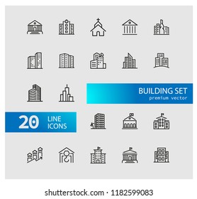 Building icons. Set of line icons. Church, museum, bank. Architecture concept. Vector illustration can be used for topics city, public estate.