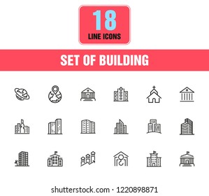 Building icons. Set of line icons. Church, museum, bank. Architecture concept. Vector illustration can be used for topics city, public estate.
