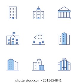Conjunto de ícones de construção. Linha Duotone estilo, traço editável. parlamento, escola, cidade, faculdade, sede, edifícios, edifício, comércio de edifícios, edifício.