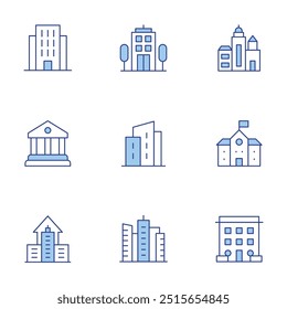 Building icons set. Line Duotone style, editable stroke. company, buildings, school, courthouse, building, apartment.