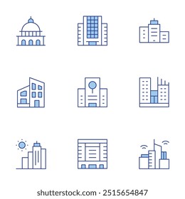 Conjunto de ícones de construção. Linha Duotone estilo, traço editável. edifício, sol, centro de pesquisa, casa moderna, construção da cidade, capitólio, cidade inteligente.
