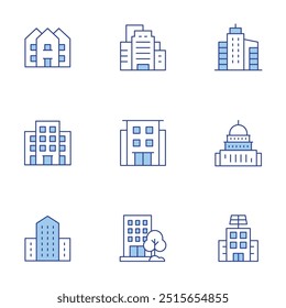 Symbole werden erstellt. Linienduotonstil, bearbeitbarer Strich. Wohnung, Gebäude, Firma, Regierung, Haus, Eigentumswohnung, Gebäude.