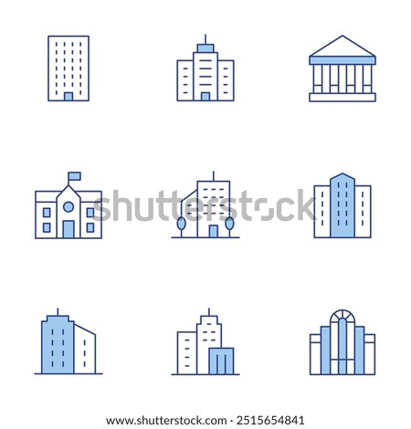 Building icons set. Line Duotone style, editable stroke. parliament, school, city, college, headquarter, buildings, building, building trade, office building.