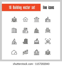 Building icons. Set of  line icons. Skyscraper, hotel, cityscape. Housing development concept. Vector illustration can be used for topics like mortgage, construction, architecture