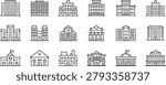 Building Icons Set with Minimalist Black Line Art Architecture Symbols for City Buildings and Landmarks