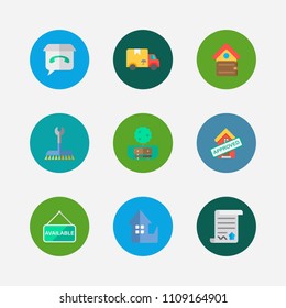 Building icons set. Move and building icons with feedback, house available and home loan approved. Set of green for web app logo UI design.