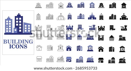 building icons set. office, shooping mall, hospital, castle, airport and more. simple complette vector illustration