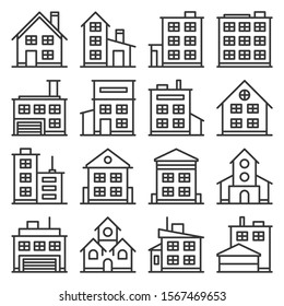 Building Icons Set on White Background. Line Style Vector