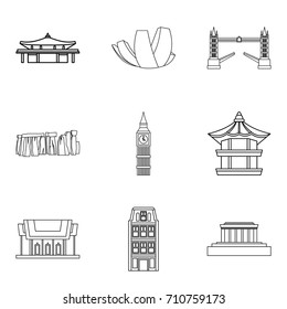 Building icons set. Outline set of 9 building vector icons for web isolated on white background
