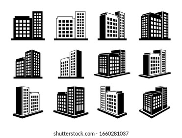 Building icons set and perspective company vector collection on white background, Black line hotel condo and apartment illustration, Isometric graphic bank and office silhouette