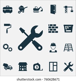 Building Icons Set With Service, Glass Frame, Cement Vehicle And Other Cement Vehicle Elements. Isolated Vector Illustration Building Icons.