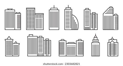 Building Icons Set. Skyscraper line icon. Expanded stroke. Vector illustration.
