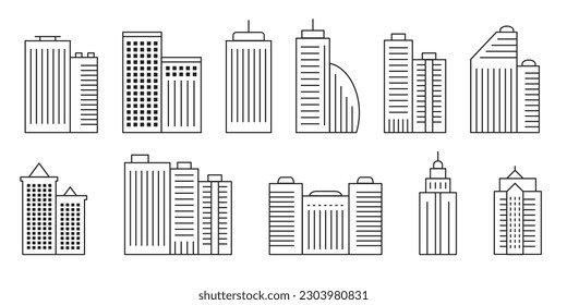 Juego De Iconos De Construcción. Icono de línea de rascacielos. Golpe expandido. Ilustración vectorial.